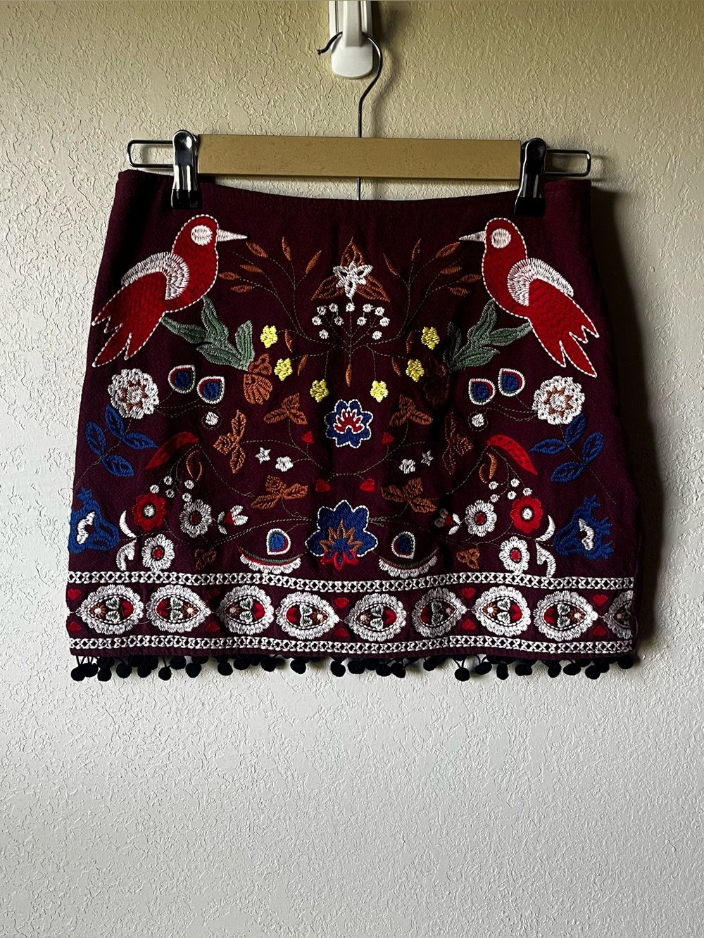 Altard State  Embroidered Burgundy Mini Skirt with Pom Trim
